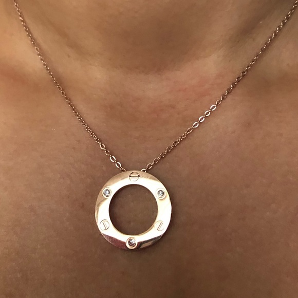 Screw Circle Zirconia Rose Gold Pendant Necklace - Picture 7 of 11